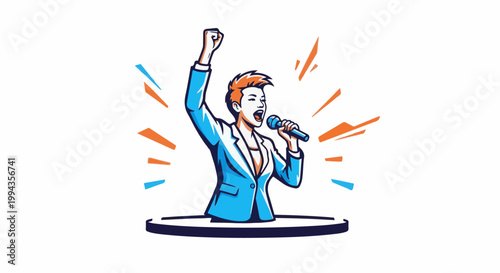 Dynamic individual in a blue suit with a microphone, arms raised, and energetic bursts