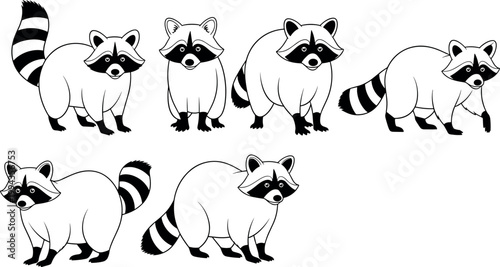 Raccoon Line Art Collection Featuring Various Poses for Wildlife, Animal, and Forest Illustration Designs.