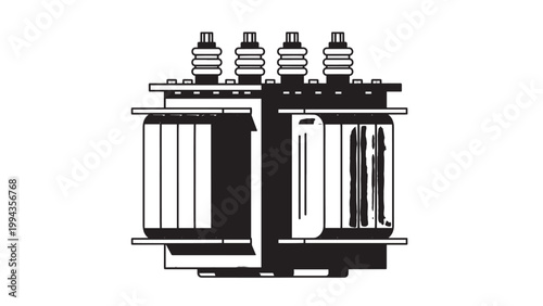 Close-up of a high-voltage electrical transformer with insulators and metallic components.