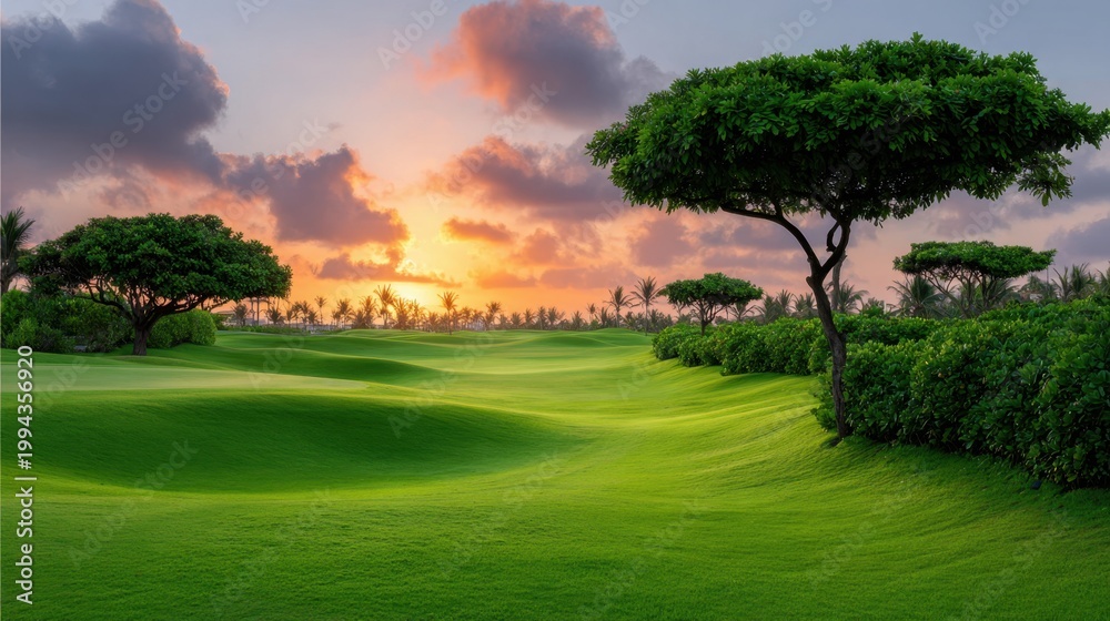 Fototapeta premium Serene Golf Course Landscape at Sunset with Lush Greenery and Beautiful Cloudy Sky Overrolling Hills