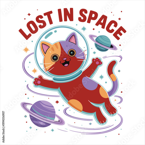 Cute cat astronaut floating in colorful space with planets