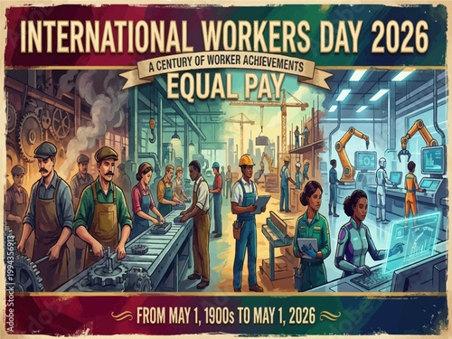 International Workers Day, labor rights, equal pay, worker achievements, vintage illustration