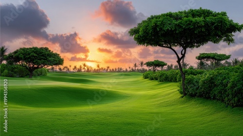 Serene Golf Course Landscape at Sunset with Lush Greenery and Beautiful Cloudy Sky Overrolling Hills