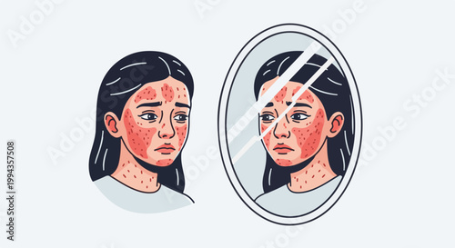 Distressed person with skin rash sees their reflection in a mirror