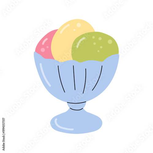 Three colorful ice cream scoops in a blue glass bowl illustration