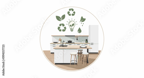 Eco-friendly kitchen design with recycling symbols and a lightbulb emitting nature elements