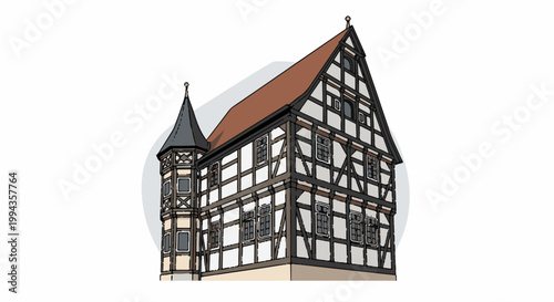 Detailed illustration of a historic half-timbered building with a conical turret and multiple windows
