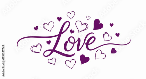 Elegant script of the word "Love" intertwined with various purple hearts, creating a romantic theme