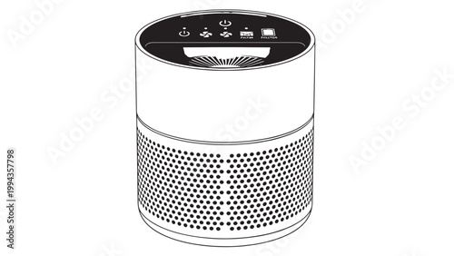 Modern cylindrical air purifier with digital display and air quality sensors.