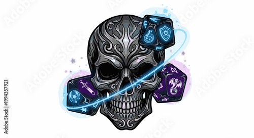 Eerie skull with arcane dice and magical glow