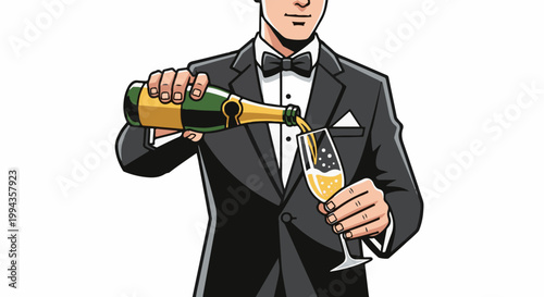 Elegant server in tuxedo pours bubbly golden liquid from bottle into tall champagne glass