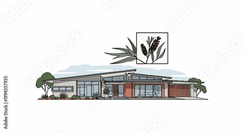 Contemporary single-story residence with expansive windows, minimalist landscaping, and a botanical illustration