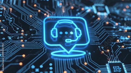AI chatbot digital assistant icon glowing on futuristic circuit board background