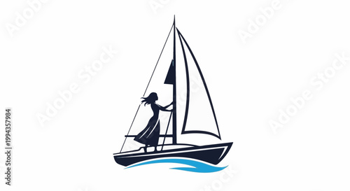Elegant silhouette of a woman on a sailboat against a white backdrop