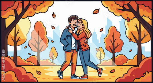 Couple embracing in park with autumn foliage and cityscape