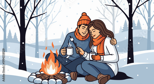 Couple enjoying a winter campfire with hot drinks and marshmallows under falling snow