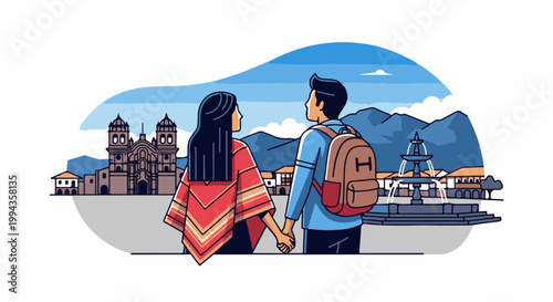 Couple exploring historical town with mountains and fountain