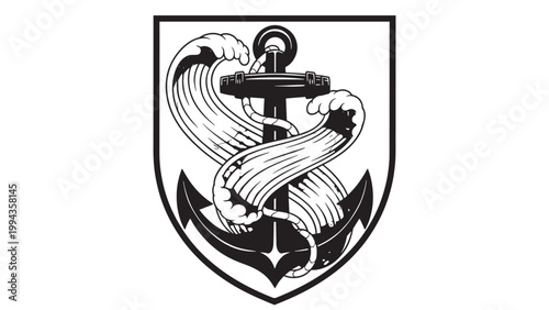 Detailed black and white emblem featuring an anchor intertwined with a flowing ribbon and a wave motif, symbolizing maritime tradition and strength.
