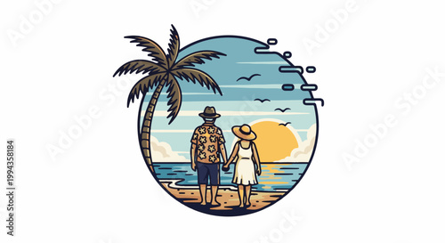 Couple holding hands on beach watching sunset with palm tree