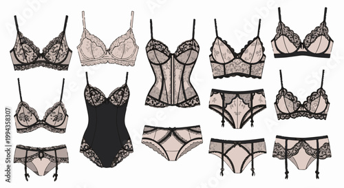 Elegant lace lingerie collection featuring bras, corsets, and matching bottoms
