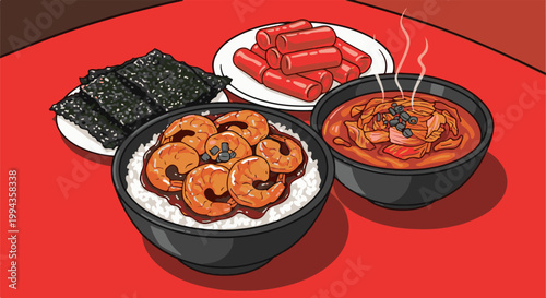 Colorful assortment of Korean dishes including rice with shrimp, kimchi, sausages, and seaweed
