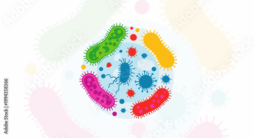 Colorful microscopic organisms and viruses in a circular cluster against a white backdrop