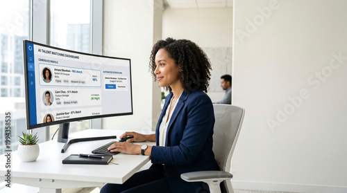 HR Recruiter Using AI Talent Matching Dashboard in Modern Office, Artificial Intelligence Human Resources Hiring Automation Technology, Recruitment Innovation