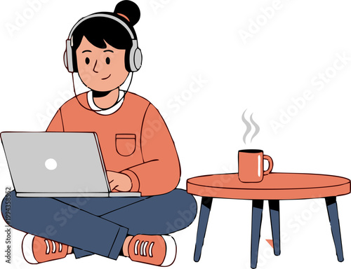 Student Working on a Laptop from Home Wearing Headphones with Coffee