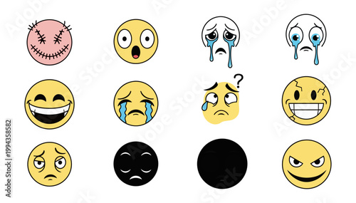 Emoticon illustrations on black background representing diverse feelings