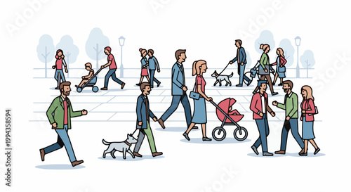Diverse people stroll through a park with strollers, dogs, and trees