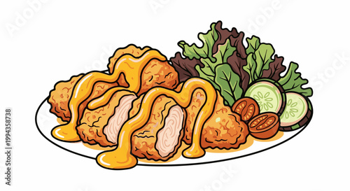 Crispy fried chicken pieces drizzled with golden sauce, served with fresh salad, tomatoes, and cucumber slices