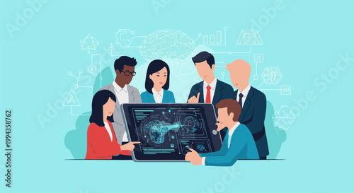 Diverse professionals collaborating around a digital display with abstract tech graphics
