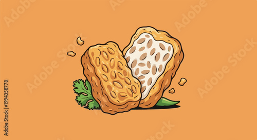 Crispy fried protein blocks with a fresh green herb and a pod