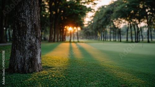Tranquil Evening Light Shining Through Trees on a Golf Course with Vibrant Green Grass and Soft Shadows