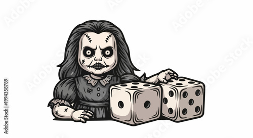 Creepy doll with stitches and button eyes plays with dice