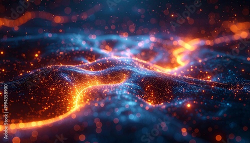 Glowing neural network visualization depicts artificial intelligence concept with vibrant orange and blue lights.