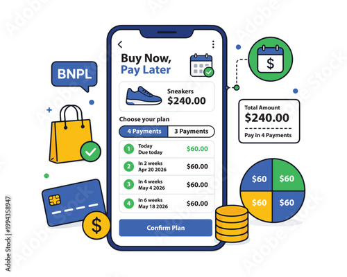 Buy Now Pay Later BNPL Payment Plan Concept on Mobile Shopping App Flat Vector Illustration