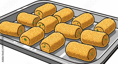 Crispy, golden-brown cylindrical appetizers with green specks, arranged on a metallic tray