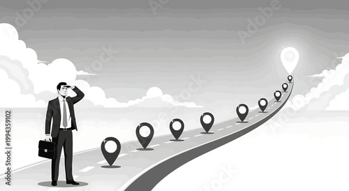 Businessman standing on road with location markers looking ahead to success and goal achievement