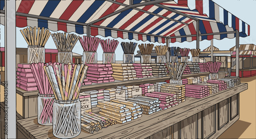 Colorful candy sticks displayed in jars and stacked at a vibrant outdoor market stall