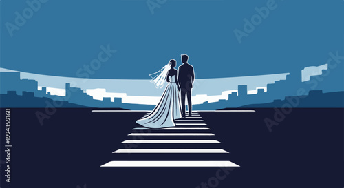 Couple on a crosswalk, city skyline in background, blue tones