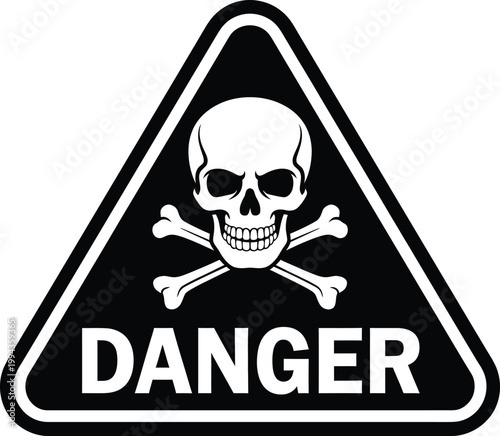 Triangular Danger Warning Sign Vector Illustration with Skull and Crossbones Symbol and Bold Text