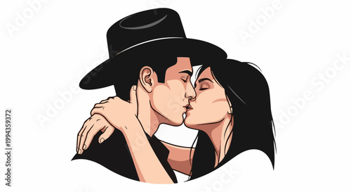 Couple sharing a tender kiss, man wears a hat