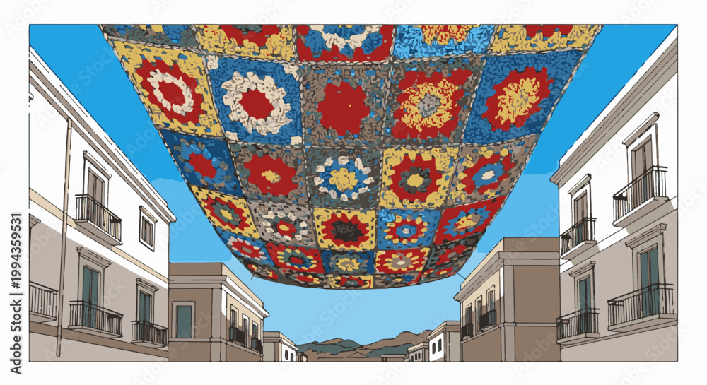 Naklejka premium Colorful crocheted canopy stretches between buildings on a sunny day