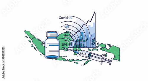 Covid-19 vaccination progress shown on Indonesian map with vial, syringe, and graph