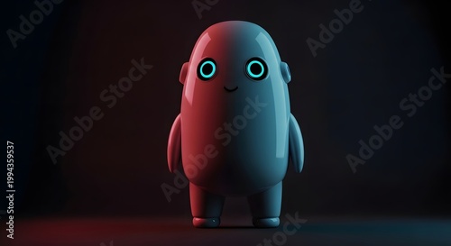 small rounded robot glossy surface glowing blue eyes smiling mouth futuristic design dramatic red blue lighting