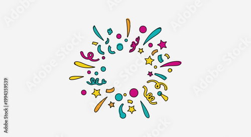 Colorful confetti and streamers burst outwards in a circular explosion against a white background
