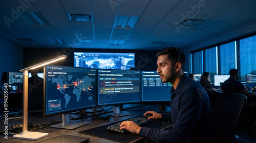 Security Analyst Using AI Cybersecurity Dashboard in Modern SOC Control Room, Artificial Intelligence Threat Detection and Network Security Technology
