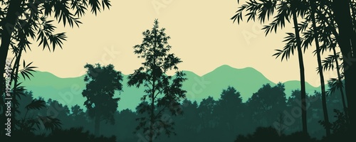 Bamboo Forest Landscape with Mountains – Misty Green Jungle Scene, Silhouetted Trees, Serene Nature Background with Layered Hills and Tranquil Atmosphere