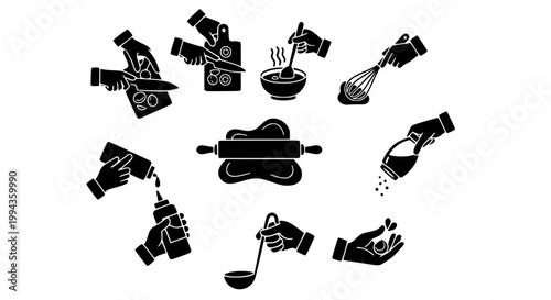 Culinary preparation silhouette icon collection with hands using cooking tools and kitchen equipment vector